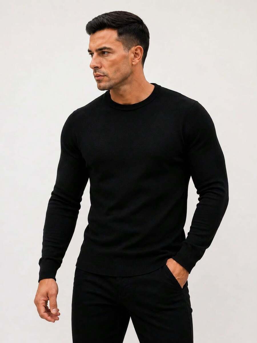 Men's Basic Knitting Sweater Round Neck Long Sleeve - Black - View 1