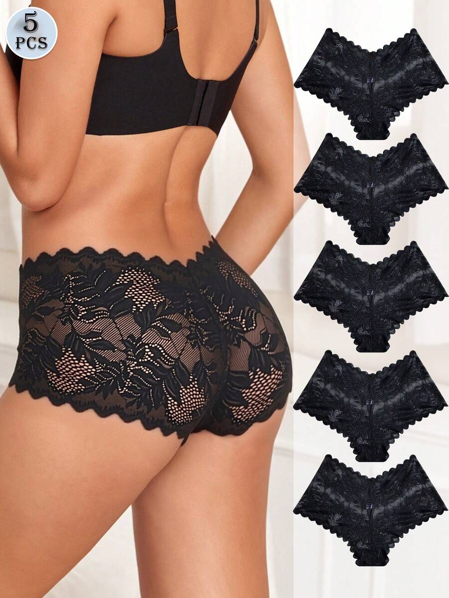 FINETOO 5 piezas de bragas sexys para mujer con patrón de encaje y diseño cuadrado - Negro - Ver 1