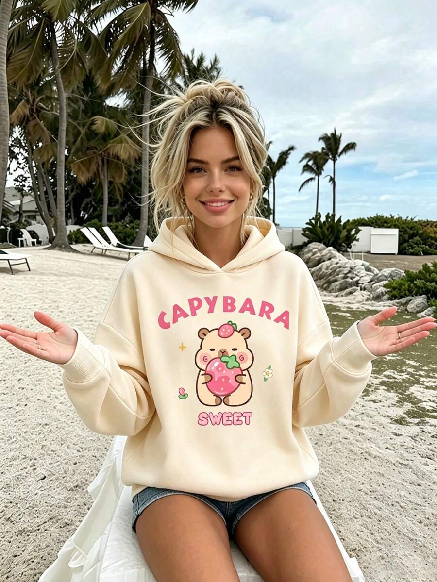Tween Girl Cartoon Print Warm Sweatshirt - Apricot - View 1