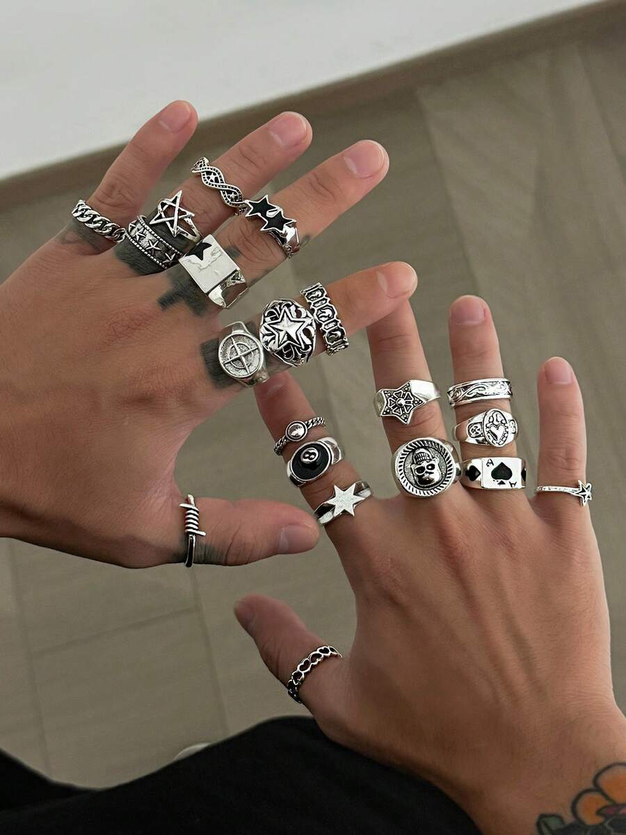 20pcs Personalized Geometric Metal Ring Set, Fashion Punk Star Rings, Suitable For Stacking, Daily Party Accessories, Unisex, Holiday Gift For Family And Friends