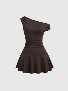 Vestido corto elegante de unicolor con cuello asimétrico para ir a trabajar - Cafetería - Ver 1