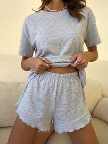 Women's Fashion Loose Solid Color Short Sleeve Top And Shorts Pajama Set/Loungewear 2-Piece, Spring/Summer Elegant - Grey - View 3