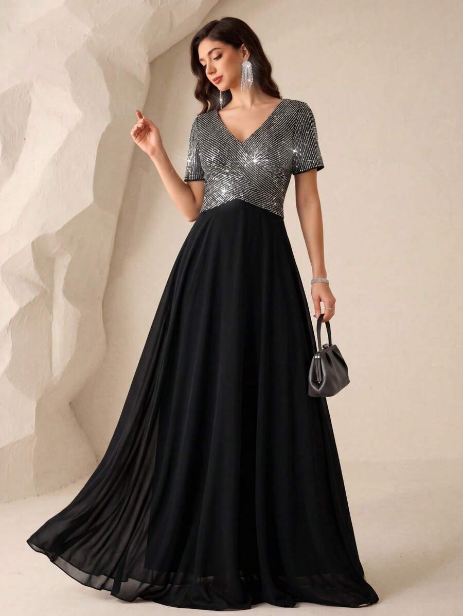 UNITHORSE Contrast Sequin Crossover Dress Formal Dresses For Women Elegant Mother Of The Bride Dress Wedding Black