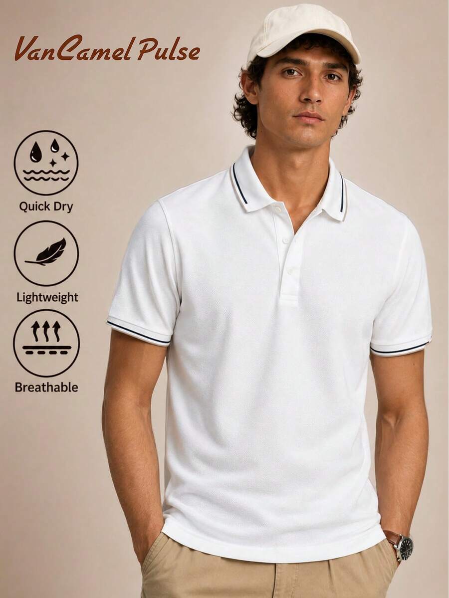 Vancamel Pulse 男士 Polo 衫,運動時尚 Polo 衫,針織純色極簡主義網球運動 Polo 衫 白色 - 白色 - 查看 1