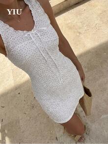 Vestido sin mangas con cuello de volantes YIU, vestido ajustado con textura de lunares y lazo, uso casual en la calle y en casa, nueva llegada de verano - Rosa - Ver 2