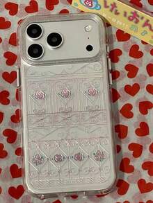Niche Pink Rose Iron Art Pattern Phone Case Compatible With Apple 17 Pro Max, 17 Pro, New 16 Pro, 16 PM, 15 Pro, 15 PM, Anti-Drop Protective Cover, Creative Transparent Design For Women - Pink - View 1