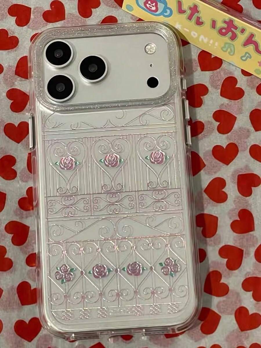 Niche Pink Rose Iron Art Pattern Phone Case Compatible With Apple 17 Pro Max, 17 Pro, New 16 Pro, 16 PM, 15 Pro, 15 PM, Anti-Drop Protective Cover, Creative Transparent Design For Women - Pink - View 1