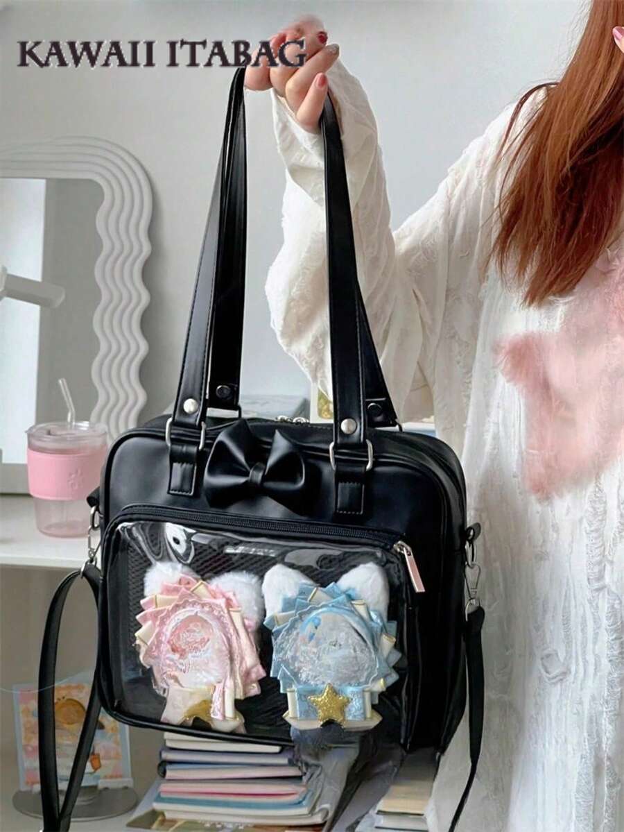 Japanese Style Cute PU Leather Transparent Pocket Bow Lolita Shoulder Bag Handbag For Girls, Street & Japanese Style, Kawaii - Black - View 1