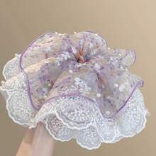 1pc Mint Summer~Summer Mesh Double Layer Lace Pearl Scrunchie Women's Ethereal Floral Travel Hair Accessory Ponytail Hair Ties Elastics Rubber Bands - Multicolor - View 9