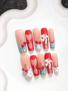 10pcs Sweet Girl Style Handmade Press-On Nails, Polygel Nail Art Set, Bow & Cherry Elements, Red & Blue Nail Colors, Elegant Style, Includes Nail Tools, 3 Sizes Available, Almond/Duck/Coffin Shape, Suitable For Party, Dancing, Daily Wear - Multicolor - View 4