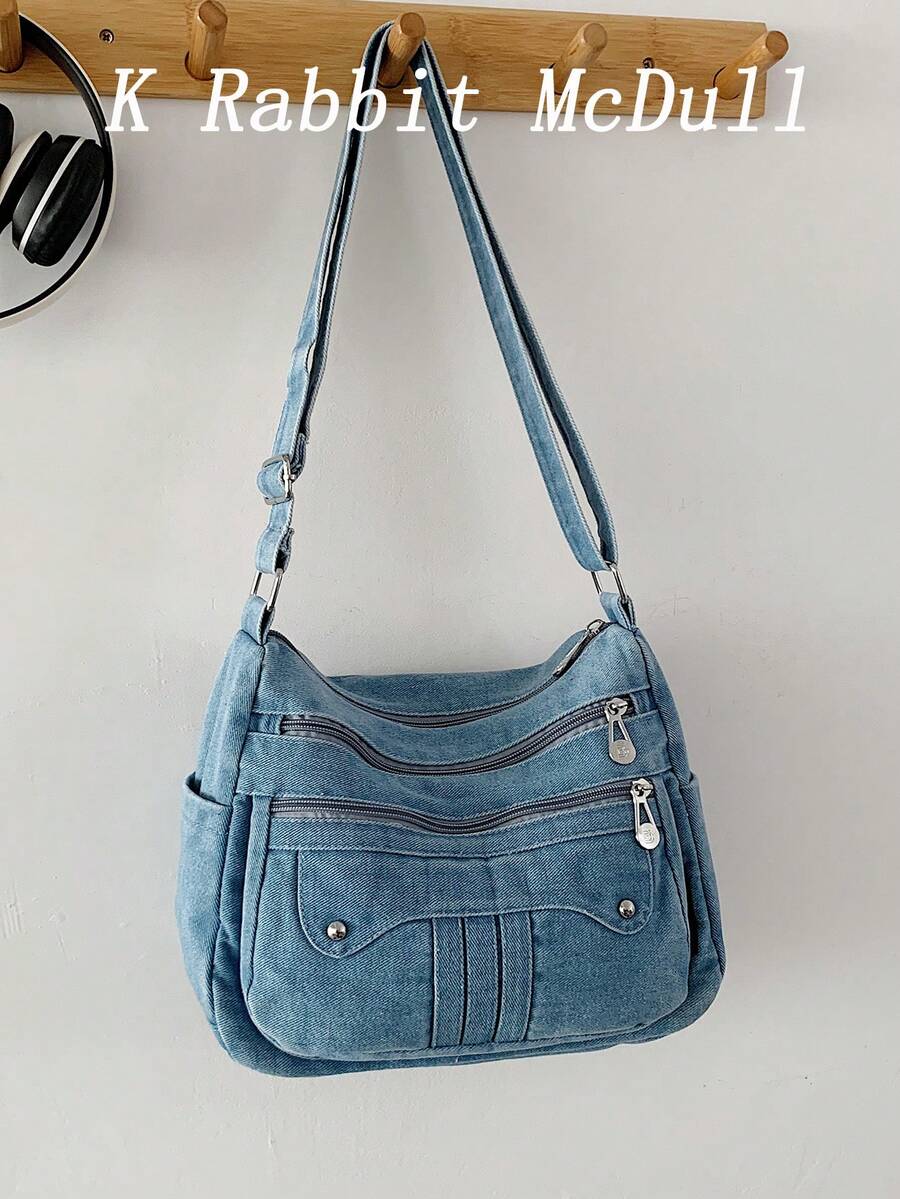 Casual Chic Soft Jeans Multi-Layer Crossbody Bag With Multiple Pockets, Versatile Commuter Large Capacity Women's Shoulder Bag, Great For Commuting