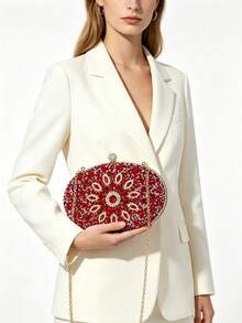Oval Hard Shell Clutch Bag, Floral Bloom Pattern, Rhinestone Clasp, Detachable Chain Shoulder Strap, Handheld/Crossbody, Suitable For Women's Wedding Party Banquet - Red - View 3