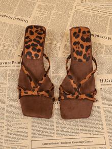 Square Toe Open Toe Wedge Leopard Print Women's Sandals, Comfortable Versatile Asymmetric Heel High Heel Sandals - Leopard - View 3