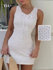 Vestido sin mangas con cuello de volantes YIU, vestido ajustado con textura de lunares y lazo, uso casual en la calle y en casa, nueva llegada de verano - Rosa - Ver 4