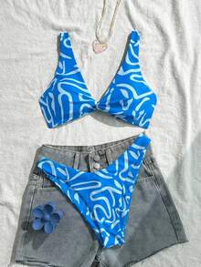 Conjunto de bikini de bandeau con estampado completo y nudo delantero, moda de verano para vacaciones en la playa para mujer - Rosa Pálido - Ver 9