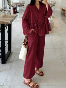 女款休閒寬鬆兩件套 V領長袖上衣與寬腿褲時尚套裝 春夏秋季服飾 - 酒紅色 - 查看 8