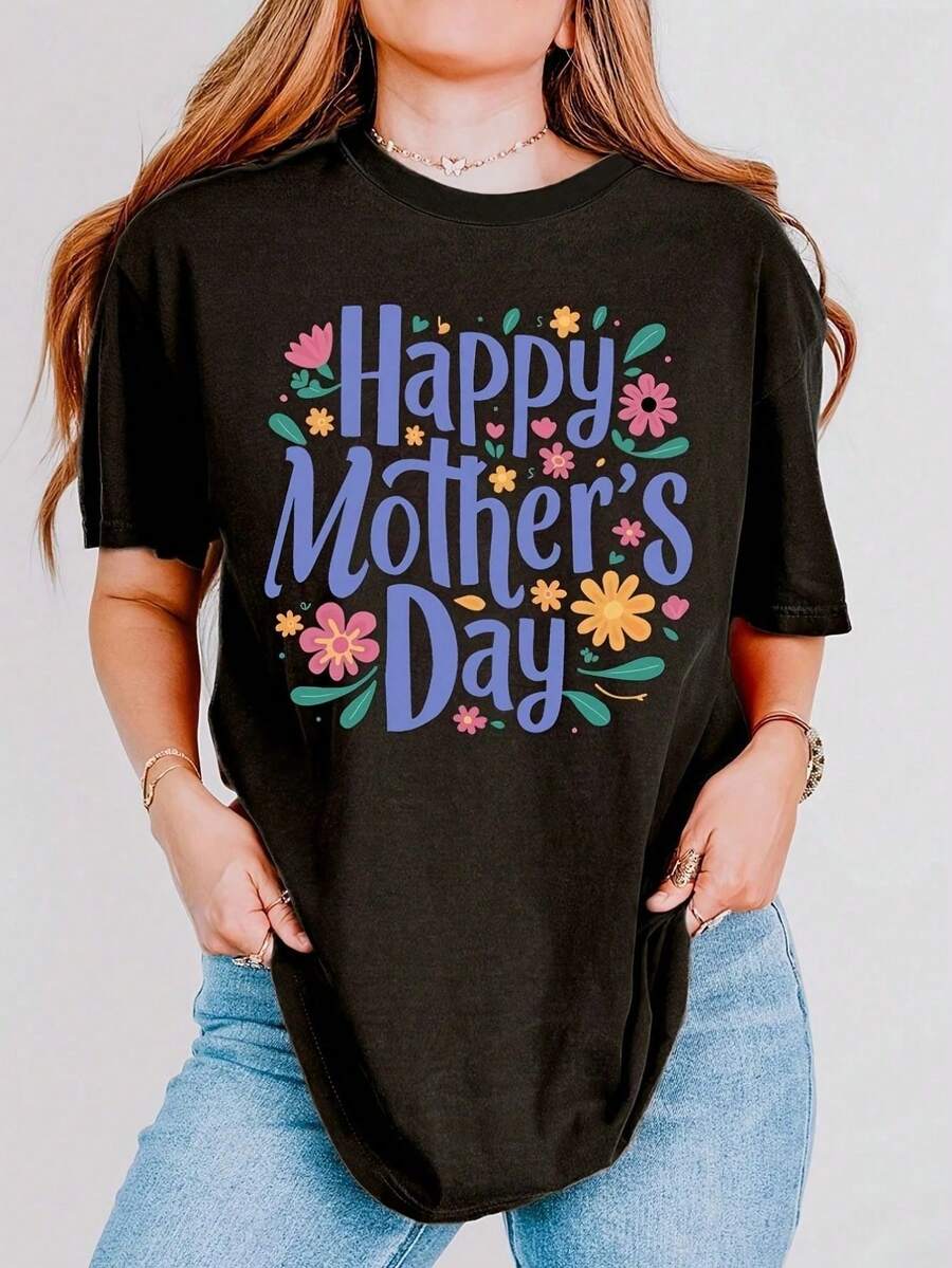 Camiseta de mujer con estampado floral y de letras - 95%  5% spandex de gran elasticidad, cuello redondo, manga corta, casual, lavable a máquina, uste regular parrimavera, v...