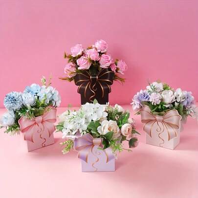 12 st presentboxar med rosett och blomdesign, pappersboxar för festgåvor, bordsdekoration och centerpiece, lämpliga för jul, teparty, bröllop, baby shower och födelsedagsparty