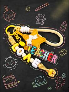 1pc Cute Braided Rope Teacher Keychain, Colorful TEACHER Acrylic Charm + Faux Leather Rabbit / Star / Heart Bag Pendant, Preppy Style Backpack Key Ring, Ideal Teacher's Day Appreciation Gift - 2828 - View 6