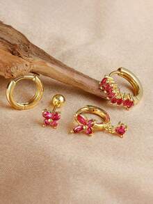 4pcs/Set Cute Butterfly Cubic Zirconia Earrings Set, Women's, 18K Gold Plated, Minimalist Stainless Steel Studs - 4pcs Earrings Set - View 8