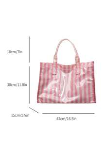 Large Capacity Transparent Jelly Bag With Material Handle, Letter Pattern Decoration, Waterproof Korean Style Unisex Bag, Women's Casual Handbag, Black Minimalist Shoulder Bag, Japanese Casual Style, Suitable For Students, Fitness, Yoga And Travel, Mom Bag, Minimalist Star Design, Crepe Paper Material, Composite Paper - Pink - View 3