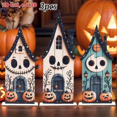 Bộ 3 món trang trí Halloween hình ngôi nhà bí ngô nhỏ bằng gỗ, chất liệu gỗ in họa tiết bí ngô phong cách hoạt hình màu sắc, dùng trang trí nhà cửa, bày trí tiệc Halloween và làm quà tặng