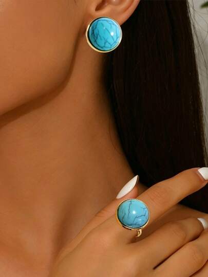 Juego de Anillo y Aretes con Piedra Preciosa Redonda de Turquesa Vintage Estilo Western, Aretes de Botón con Efecto Agrietado y Anillo Estilo Bohemio Cowboy