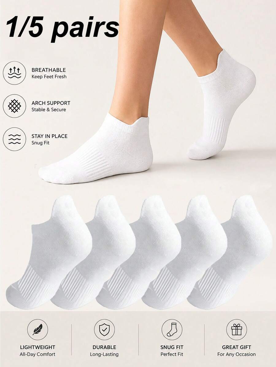 1/5 pares de calcetines tobilleros blancos unisex, calcetines deportivos absorbentes de sudor y transpirables, adecuados para correr, caminar, fitness y uso diario, estilo universitario, todas las estaciones - Blanco - Ver 1