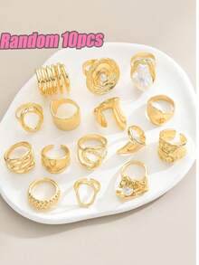 50/30/10/6pcs Women's Fashion Ring Set, Gold Flower & Faux Pearl Asymmetrical Smooth Geometric Liquid Rings, (Random Styles) - Yellow Gold - View 11