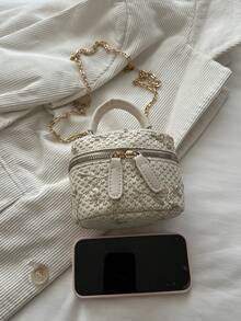 Gentle Floral Embroidery Lace Mini Box Bag, Handheld Double Zipper Gold Chain Crossbody Makeup Pouch - White - View 8