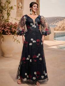VIPGIRL New Black Plus Size 3D Floral Mesh Elegant Luxurious Dignified Evening Gown - Black - View 5