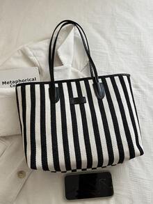 Fashionable Large Capacity Striped Tote Bag, Shoulder Bag, Suitable For Women Shopping, Commuting And Daily Use - Black - View 3