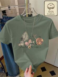 Camiseta 100% pura con estampado de ilustraciones sencillas de plantas, gatos y tazas de café, cuello redondo, manga corta, cómoda y transpirable para uso diario en verano, ropa de verano pa - Rosa - Ver 9