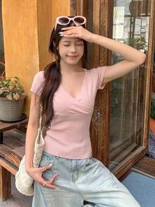 韓式交叉V領短袖針織上衣 女款 夏季修身顯瘦 時尚百搭通勤襯衫 粉色 - 粉色 - 查看 4