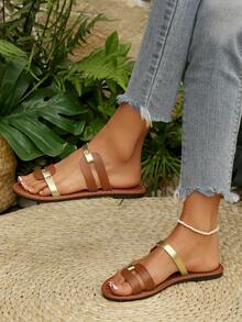 Slide Sandals For Women Brown Contrast Dual Band Flat Sandals, Casual Open Toe Rhinestone Rivet Summer Slippers For Beach Wear - Brown - View 3