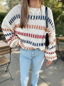 Color Block Striped Hollow Out Knit Pullover, Women Y2k Oversized Drop Shoulder Lantern Long Sleeve Casual Sweater For Street & Vacation Outfits - Beige - View 2