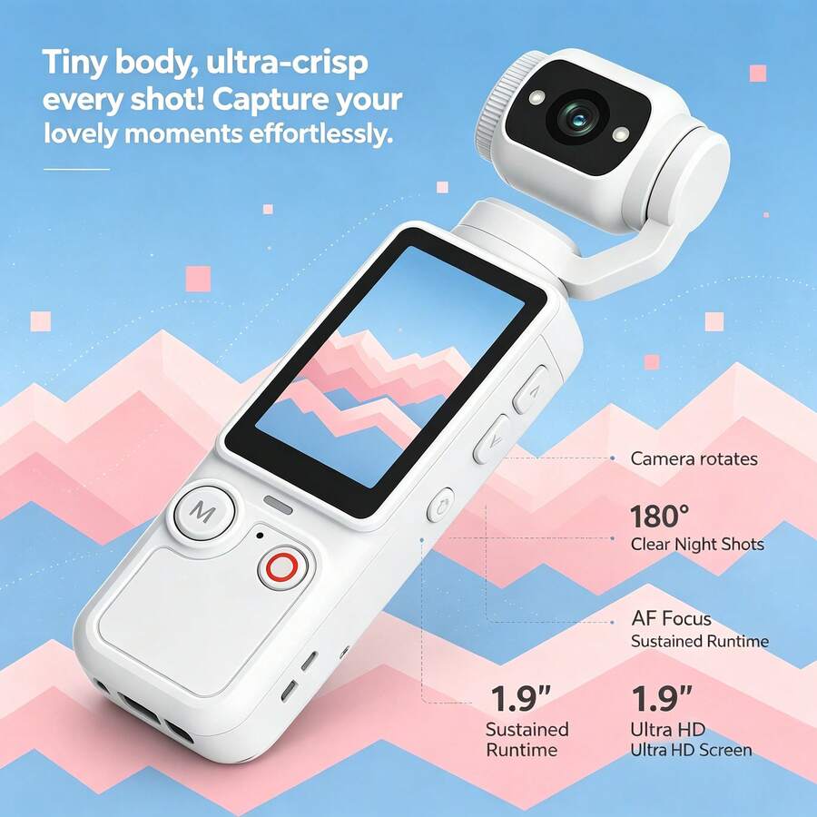 2026 New Portable Handheld Action Video Camera Camcorder With 180 Degree Rotating Lens 1.9 Inch HD Screen AF Focus Night Video HD Small For Vlogging Travel Hiking Camping Outdoor Sports Home Budget Stylish Black White Orange - View 1
