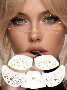 6 Sheets Gold Heart Freckles Face Tattoos Glitter Eyeshadow & Eyeliner Tattoo Stickers For Wedding Beach Concert Summer Rave Accessories - Gold - View 10