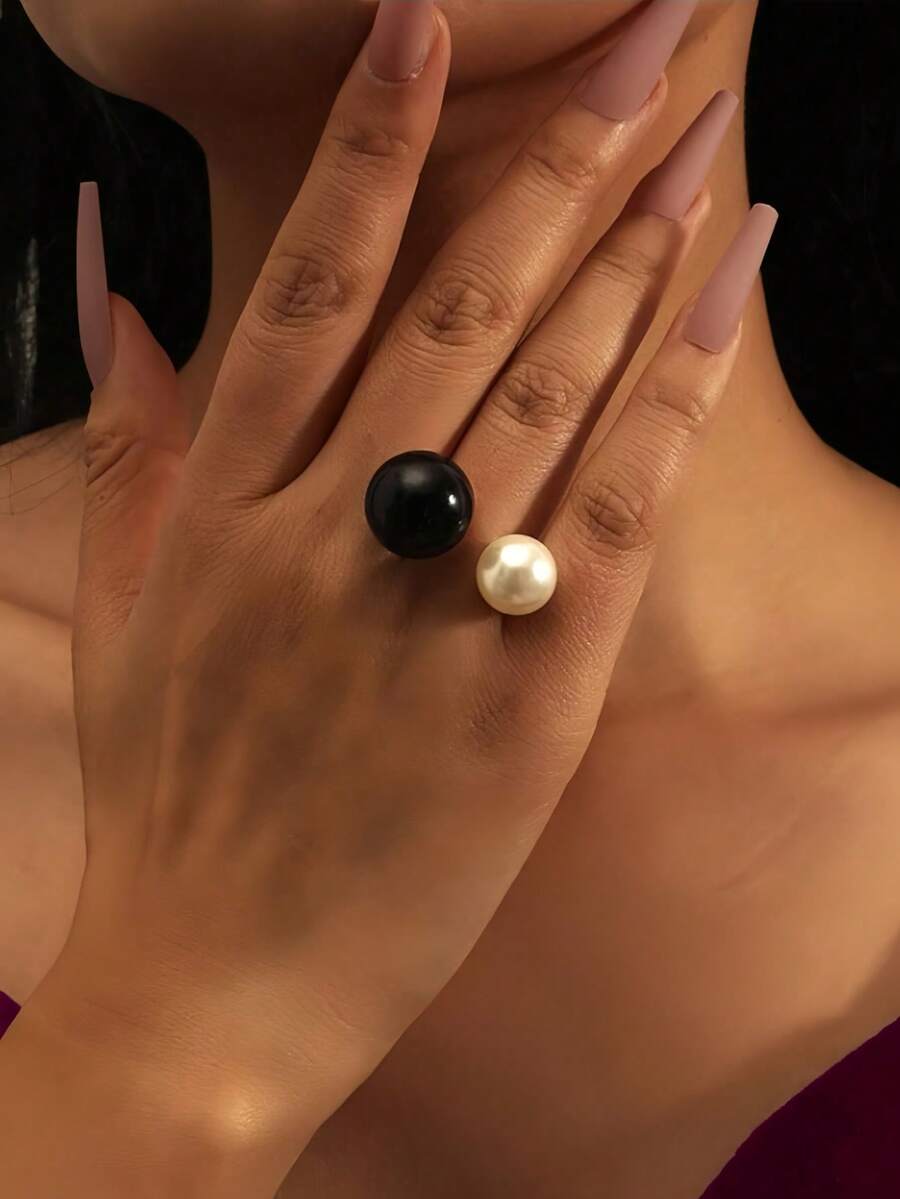 1 pieza Anillo abierto minimalista con perla simulada para mujeres - Blanco y Negro - Ver 1
