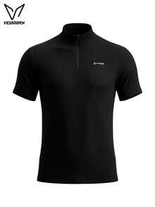 Veidoorn Men's Summer Half-Zip Stand Collar Breathable Short Sleeve Sports Top, Suitable For Cycling, Running, Gym Training, Basketball - Black - View 6