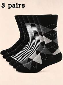3 Pairs Men's Diamond Grid & Polka Dot Mid-Calf Socks, Soft, Breathable, Suitable For Daily Wear, Office Attire, All Seasons - Multicolor - View 1