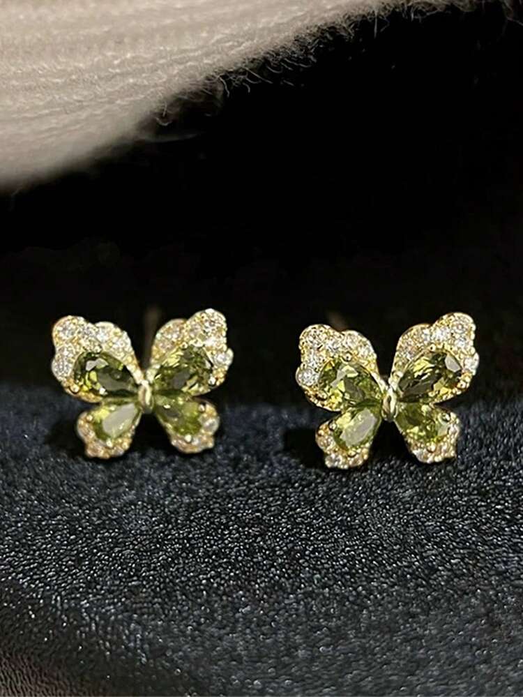 1對精緻小蝴蝶造型銅合金鑲嵌人造鋯石優雅復古設計適合約會舞會派對女士耳釘 - 金黃色+綠色 - 查看 6