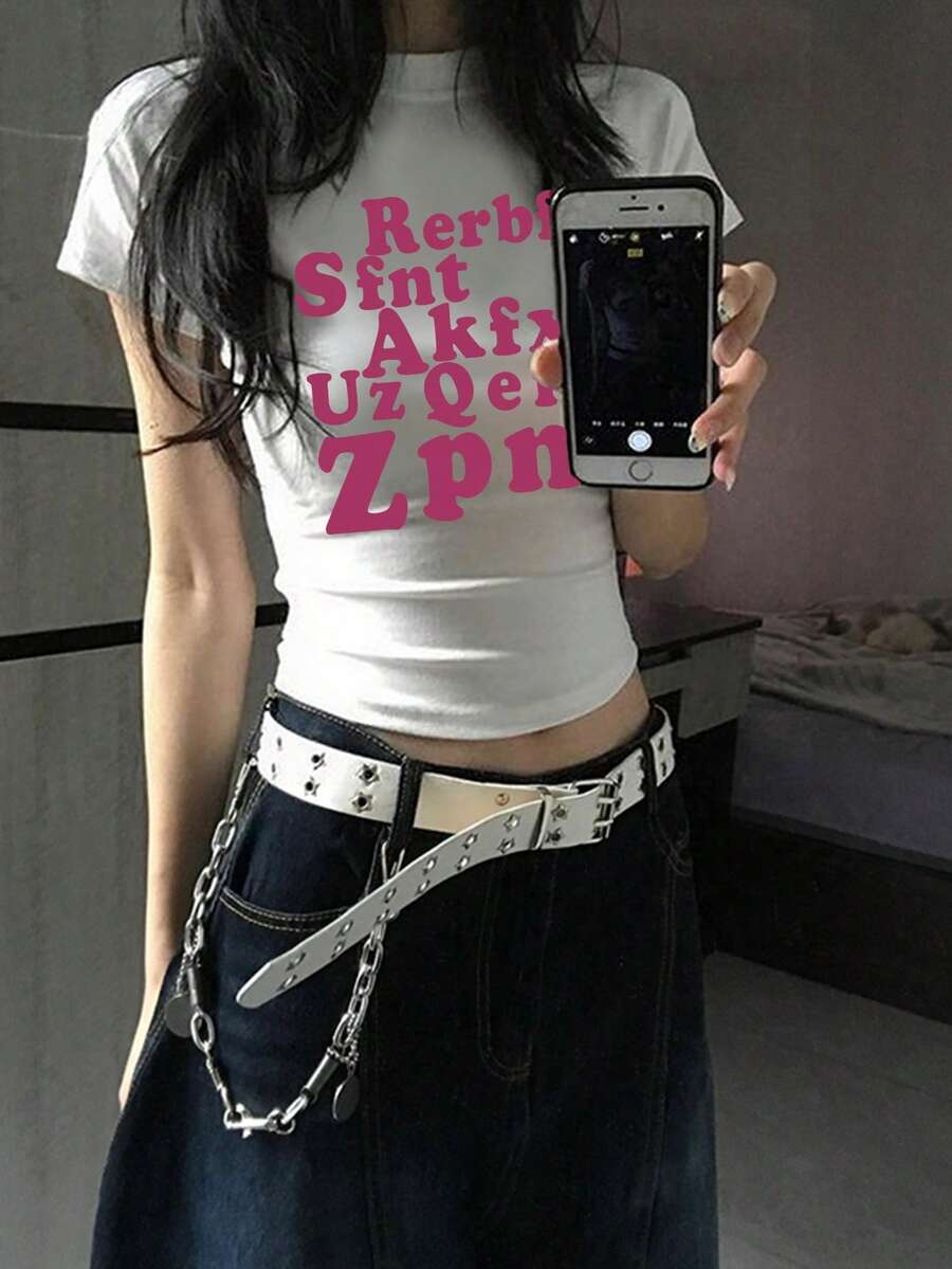 紫色字母印花女款短袖T恤,夏季性感修身短版上衣,休閒風格 - 白色-1 - 查看 1