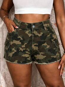 Women's Stretchy Distressed Denim Shorts, Skinny Fit Butt Lifting Jean Shorts, Sexy Spring Summer Camo Print Frayed Hem Denim Shorts - 軍綠色 - 查看 5