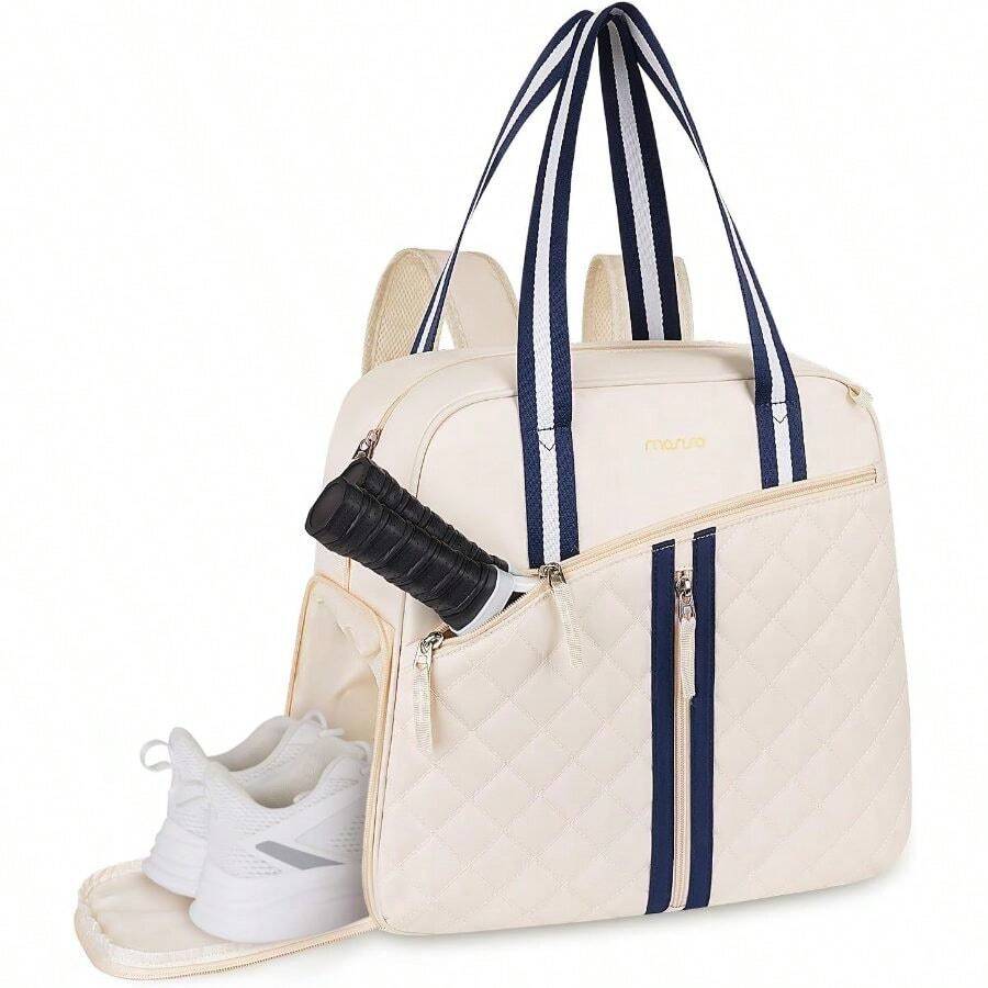 Pickleball Bag Women Men, Quilted Pickleball Tote Sport Equipment Bag With Shoe Compartment, Large Pickle Ball Backpack Sports Pickle Ball Paddle Daypack, Beige - Multicolor - View 1