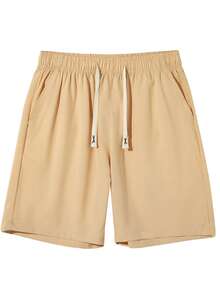 Comfy Casual Stretch Short Pants, Elastic Waist Woven Drawstring All-Match Summer Shorts - Apricot - View 5