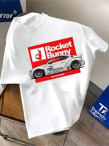 Camiseta de manga corta para hombre con estampado de un coche deportivo de carrocería ancha Rocket Bunny, con temática de la cultura japonesa de coches modificados, una prenda moderna para entusiastas de la modificación de coches, estilo urbano casual, diseño de nicho único, ropa popular y a la moda. - Blanco - Ver 1