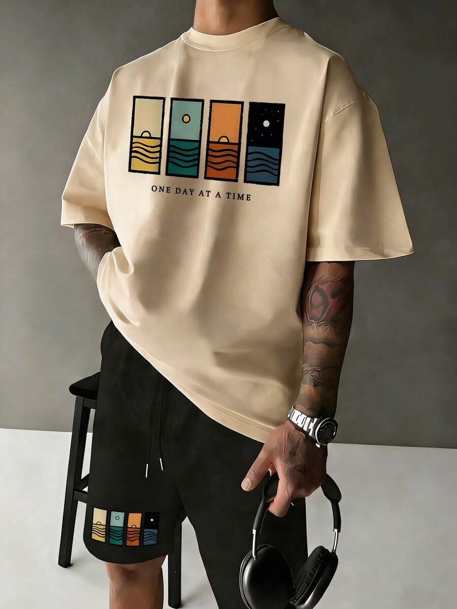 Men's Plus Size Summer Graphic Print Crew Neck Short Sleeve Casual T-Shirt And Drawstring Waist Shorts Set - Apricot - View 1