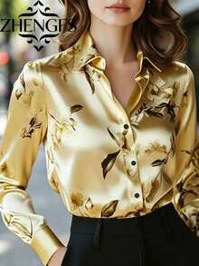 1pc Floral Print Button Down Long Sleeve Shirt, Suitable For Dates, Holidays, Everyday, Birthday Parties, Singles Parties, Travel, Spring/Autumn Vacation - Light Gold - View 1