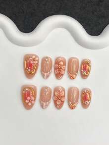 10pcs/Set Y2K Semi-Handmade Short Oval 3D Gel Polka Dot & Yellow French Press-On Nails, With 3D Flower, Gold Pearl, Rhinestone Design, Spring/Summer Manicure, Full Coverage Acrylic False Nails, Suitable For Women's Daily Work And Party Use - Multicolor - View 4